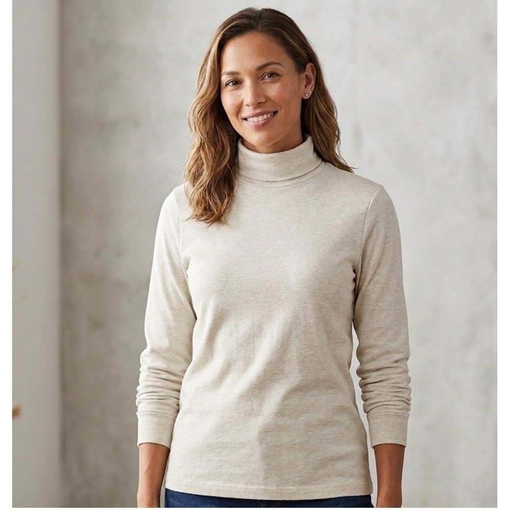 Eddie Bauer Turtleneck Top Womens Medium Oatmeal Heather 100% Cotton Long Sleeve